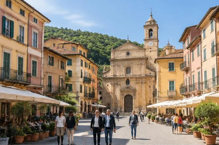 Piazza di una cittadina italiana con negozi e persone