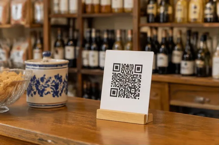Un QR dimostrativo esposto sul bancone di una bottega