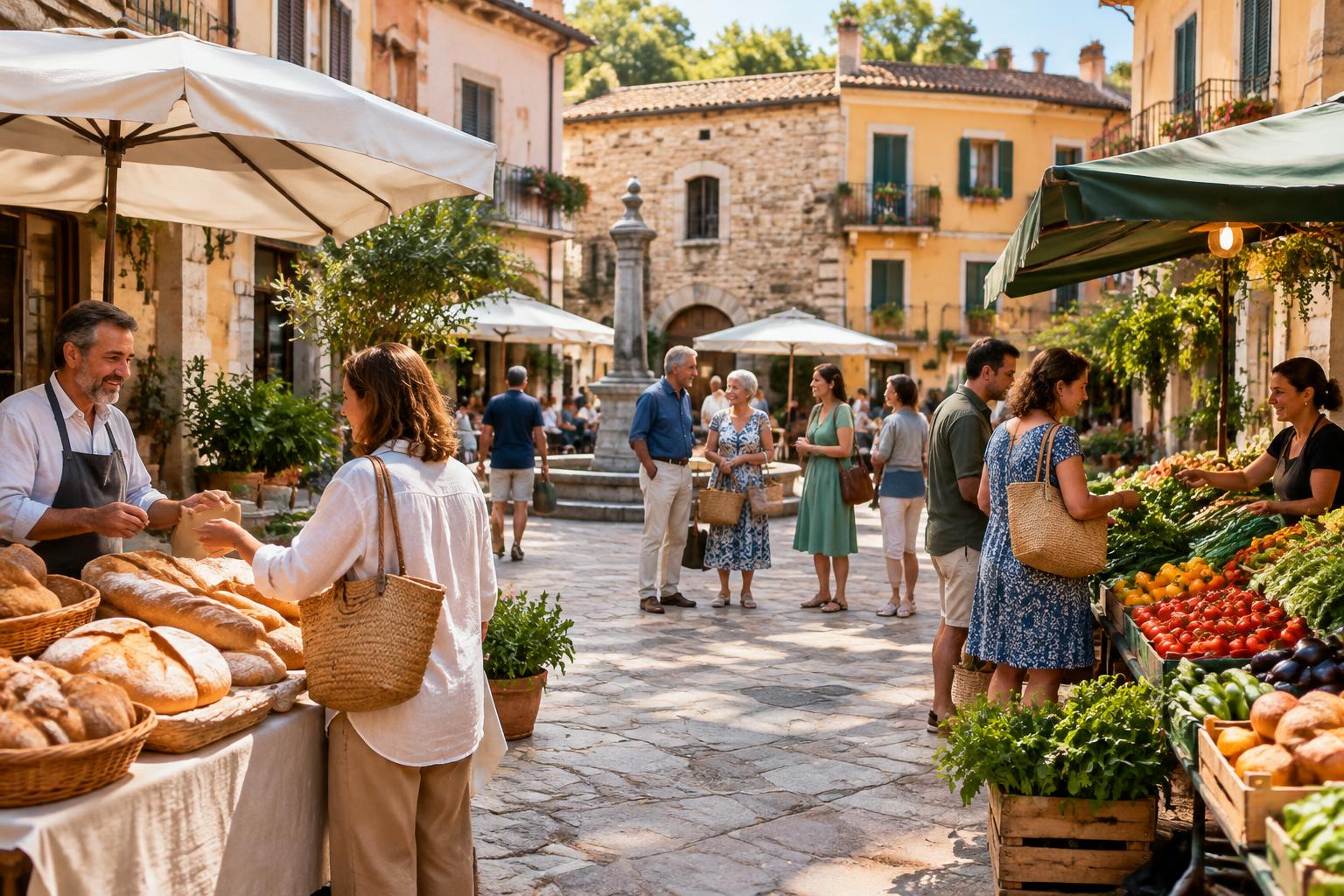 Scena di mercato di quartiere italiano con pane, verdure e vicini che si incontrano, generata con l’IA